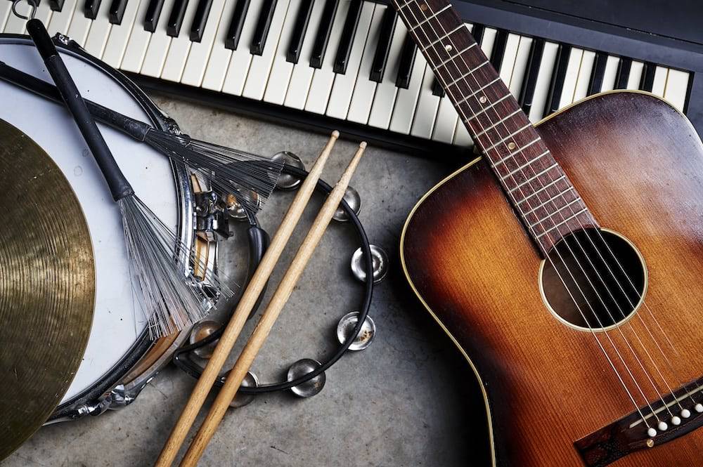 Assorted musical instruments arranged together