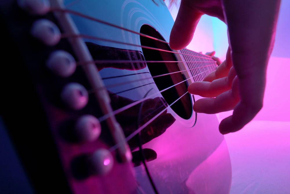 An up close shot of a guitar