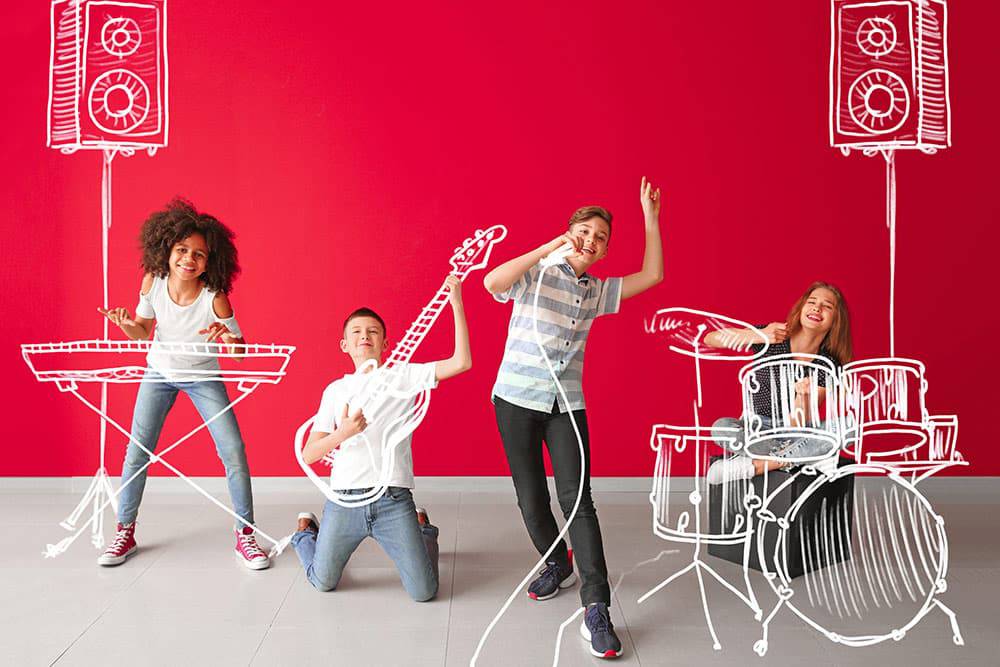 Kids happy and playing in band with drawn instruments and red background